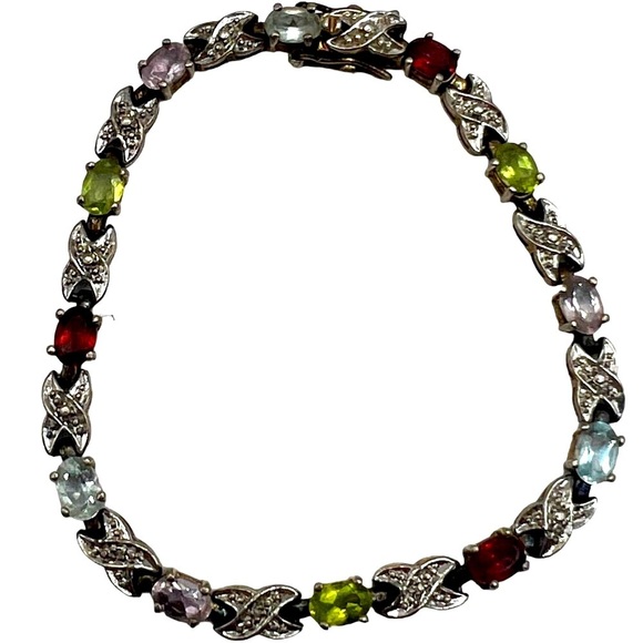 Vintage Multi-Stone Sterling Silver Bracelet With X Design & Gemstones    B19 - Picture 12 of 14